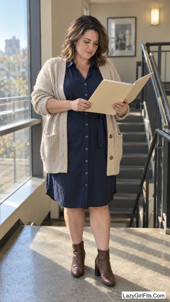 Shirtdress Layered Under a Chunky Cardigan and Ankle Boots