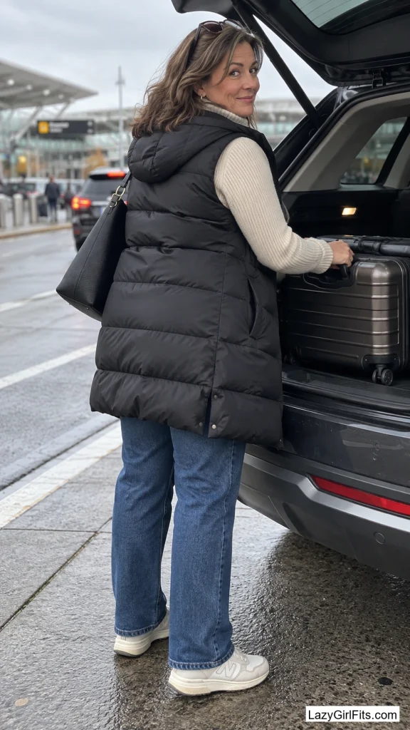Straight-Leg Jeans With a Long Puffer Vest Over a Fine-Knit Turtleneck