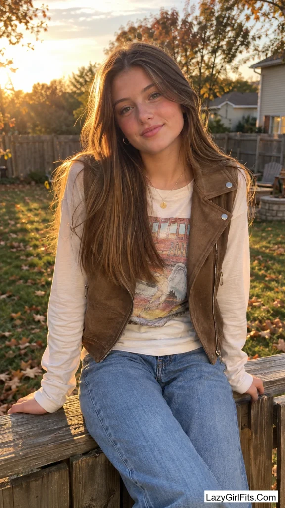 Suede Moto Vest Over a Graphic Tee
