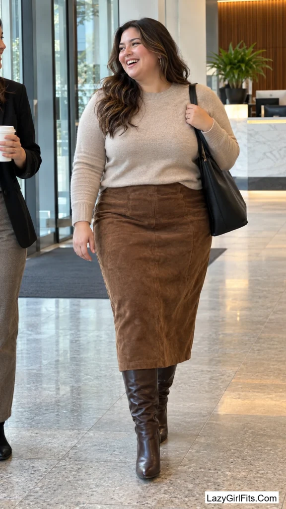 Suede Skirt With a Cashmere Crewneck Tucked In