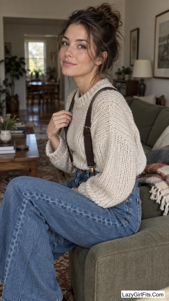 Suspenders Layered Over a Chunky Sweater