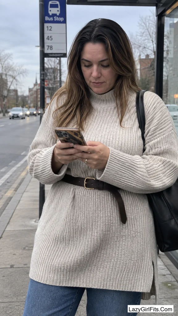 Sweater Dress Belted Over Straight-Leg Jeans