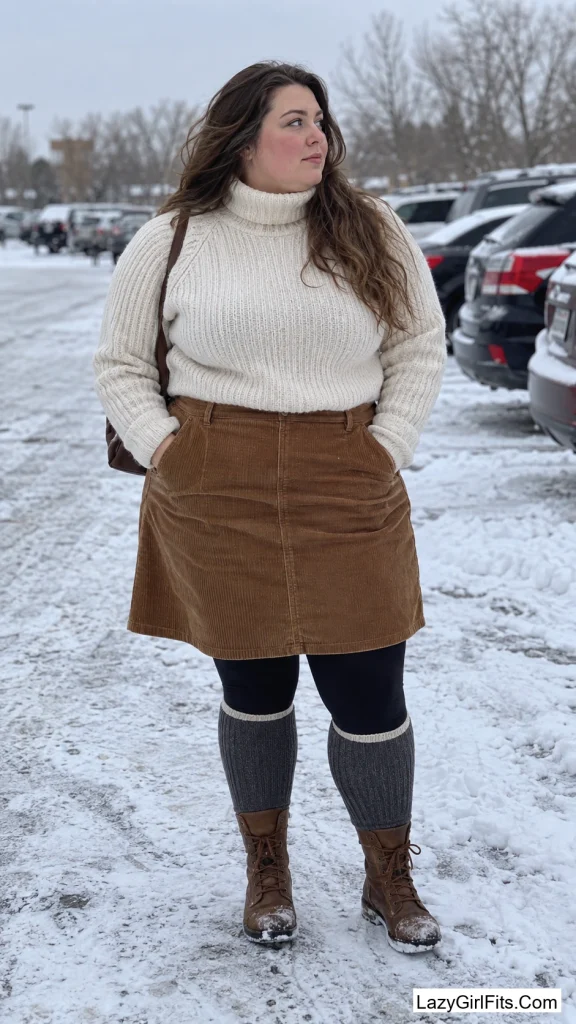 Thermal Leggings Under a Corduroy Skirt with Knee Socks