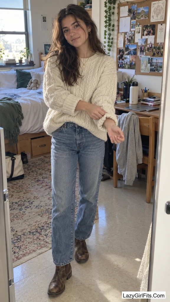 Thrifted Sweater Over Straight-Leg Jeans