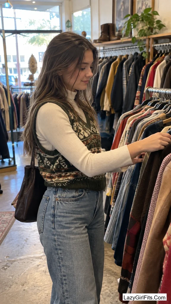 Thrifted Vest Layered Over a Turtleneck