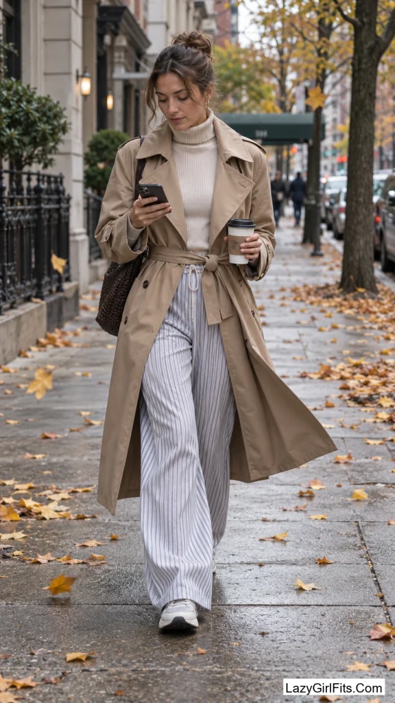 Trench Coat Cinched Over Pajama Pants
