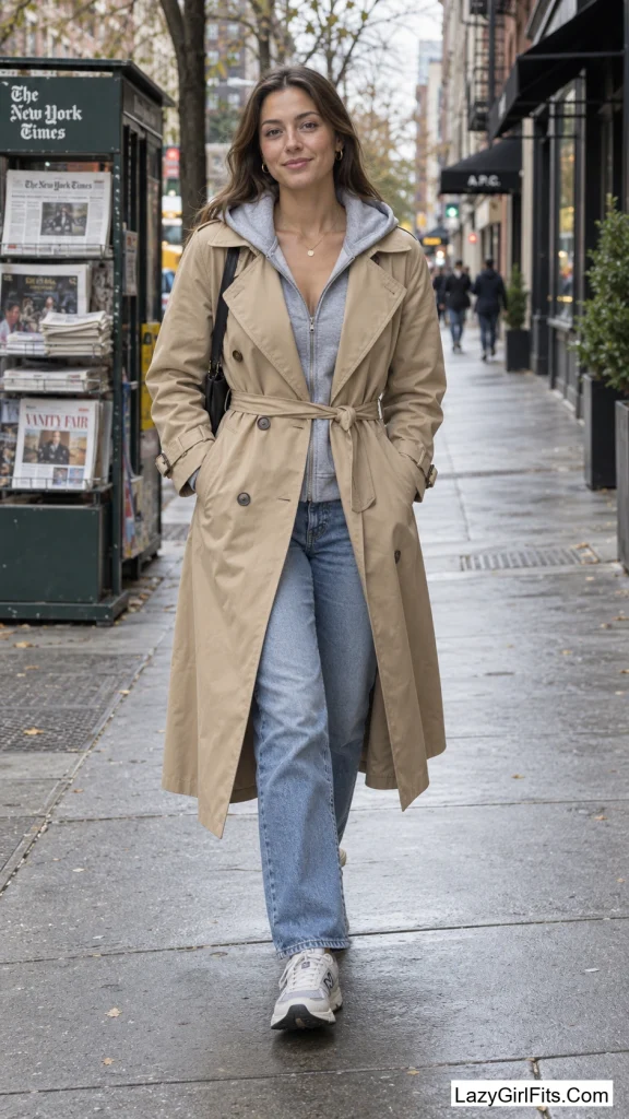 Trench Coat Over a Zip-Up Hoodie