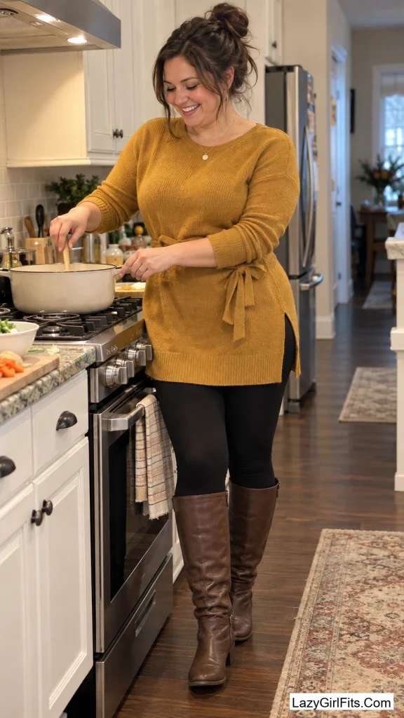 Tunic Sweater Over Leggings with Tall Boots