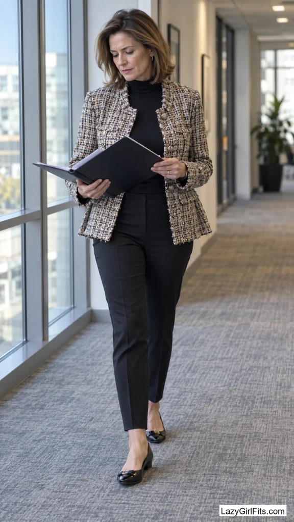 Tweed Swing Jacket Over a Turtleneck Bodysuit and Tapered Trousers
