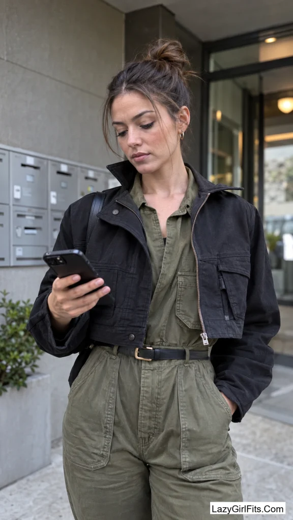 Utility Jumpsuit Belted With a Cropped Jacket