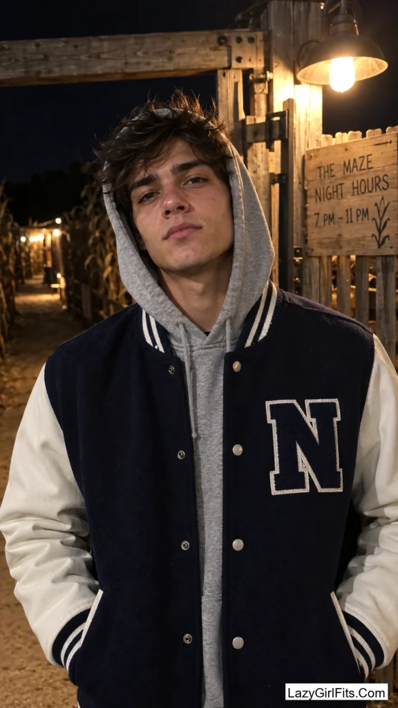 Varsity Jacket Over a Hoodie, Hood Up Against the Wind