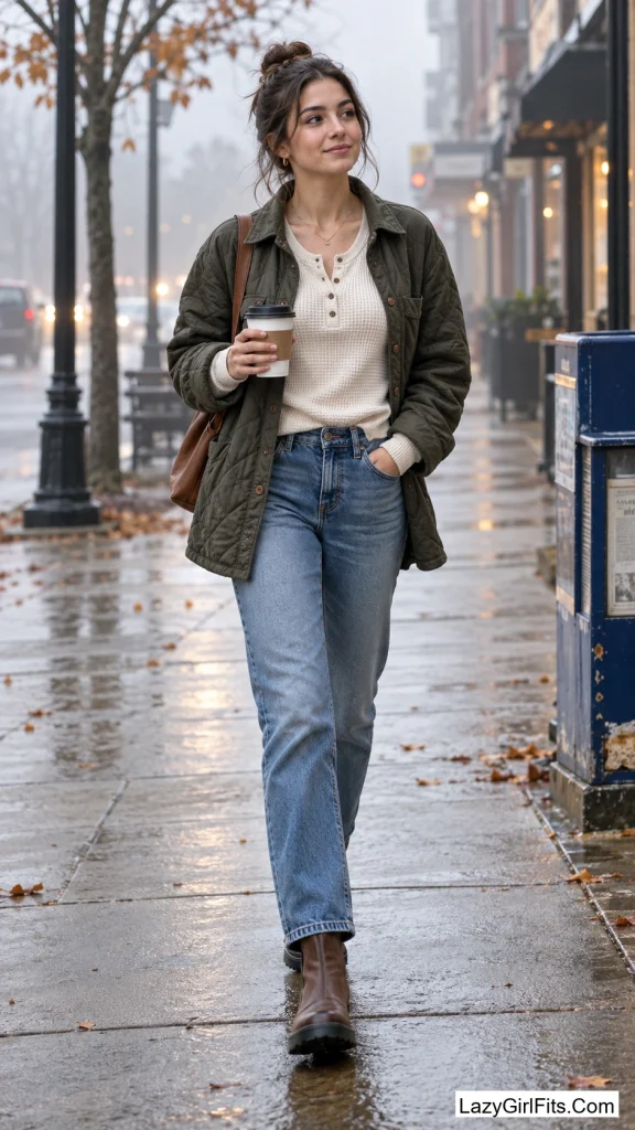 Waffle-Knit Henley Under a Quilted Shacket