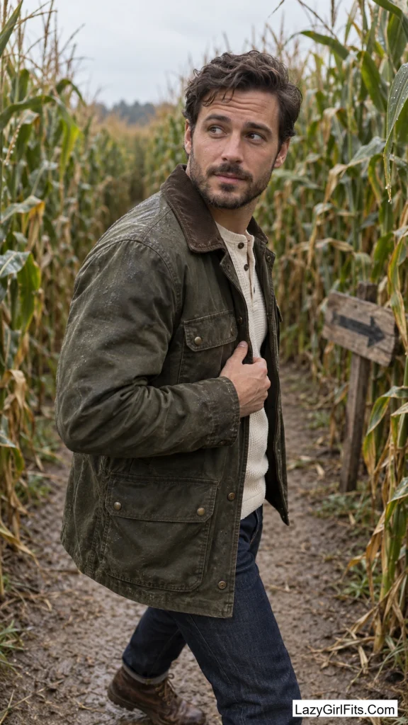 Waxed Cotton Field Jacket Over a Waffle Henley