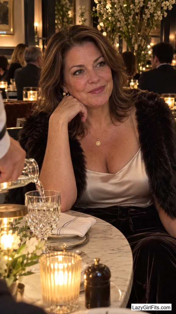 Wide-Leg Velvet Trousers With a Silk Camisole and a Cropped Faux-Fur Shrug