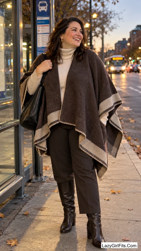 Wool Poncho Over Turtleneck and Trousers